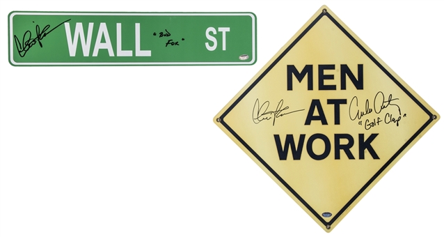 Lot of (2) Charlie Sheen Autographed "Wall St" Green Street Sign and Charlie Sheen/Emilio Estevez Dual Signed "Men at Work"  Yellow Sign (Schwartz)